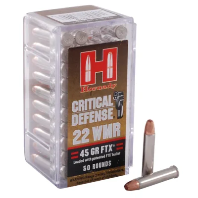 Hornady Critical Defense 22 Winchester Magnum Rimfire (WMR) Ammo 45 Grain Hornady FTX Polymer Tip For Sale for sale